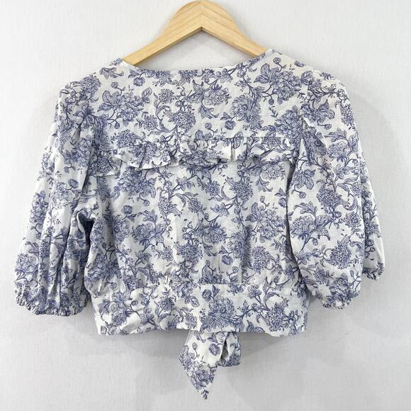 Cynthia Rowley Women's Blue Floral Linen Blend Crop Blouse XS Puff Sleeve Boho - Picture 7 of 7